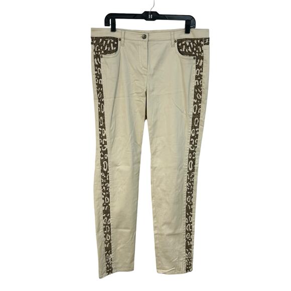 Per Se Cream & Brown Animal Print Beaded Trim Ankle Pants Womens 14 - Picture 1 of 8